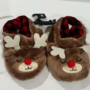 Brown Reindeer Slippers with Red Nose